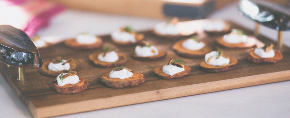 Sweet Potato Rounds with Yogurt Dill Sauce and Almond Crunch